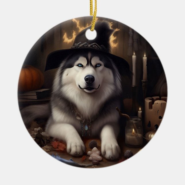 Alaskan Malamute Pumpkins Halloween Scary Ceramic Ornament (Front)