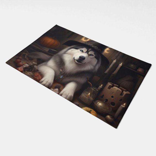Alaskan Malamute Pumpkins Halloween Scary Doormat (Angled)