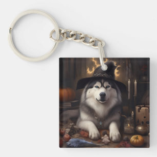 Alaskan Malamute Pumpkins Halloween Scary Keychain