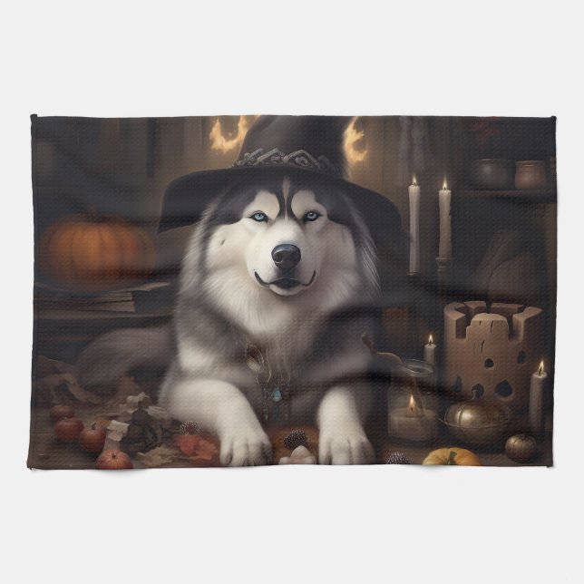 Alaskan Malamute Pumpkins Halloween Scary Kitchen Towel (Horizontal)