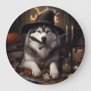 Alaskan Malamute Pumpkins Halloween Scary Large Clock