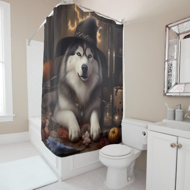 Alaskan Malamute Pumpkins Halloween Scary Shower Curtain (In Situ)