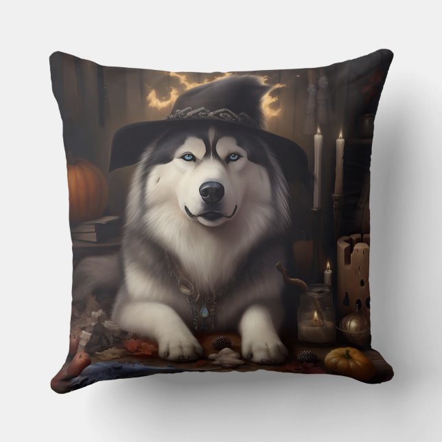 Alaskan Malamute Pumpkins Halloween Scary Throw Pillow (Back)