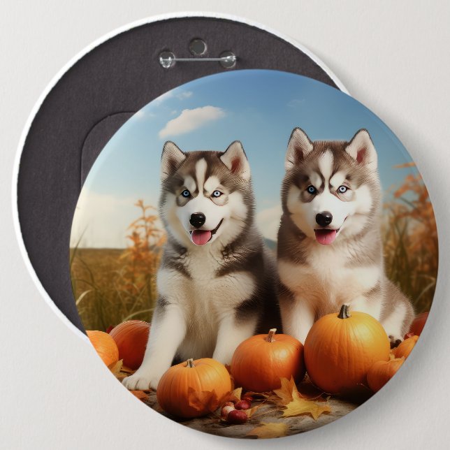 Alaskan Malamute Puppy Autumn Delight Pumpkin Button (Front & Back)