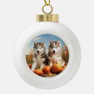 Alaskan Malamute Puppy Autumn Delight Pumpkin Ceramic Ball Christmas Ornament