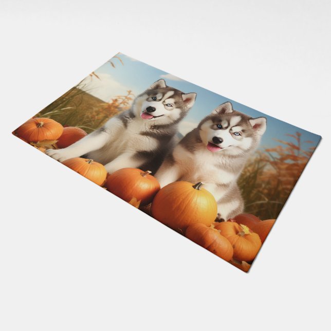 Alaskan Malamute Puppy Autumn Delight Pumpkin Doormat (Angled)