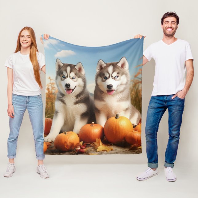 Alaskan Malamute Puppy Autumn Delight Pumpkin Fleece Blanket (In Situ)