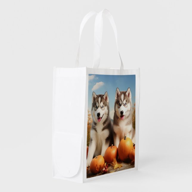Alaskan Malamute Puppy Autumn Delight Pumpkin Grocery Bag (Front Side)