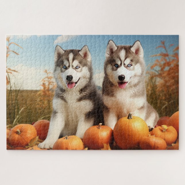 Alaskan Malamute Puppy Autumn Delight Pumpkin Jigsaw Puzzle (Horizontal)