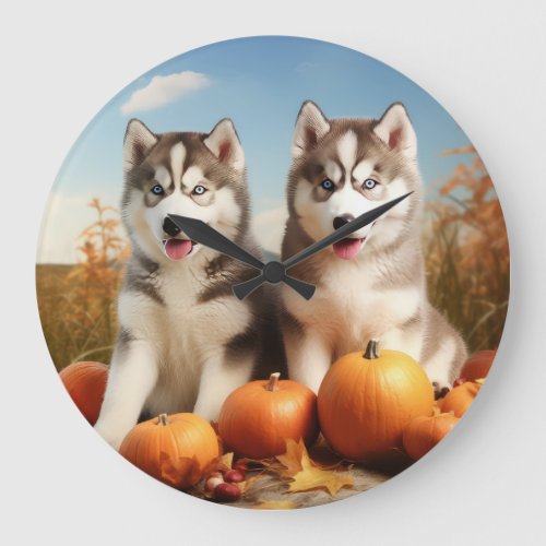 Alaskan Malamute Puppy Autumn Delight Pumpkin Large Clock