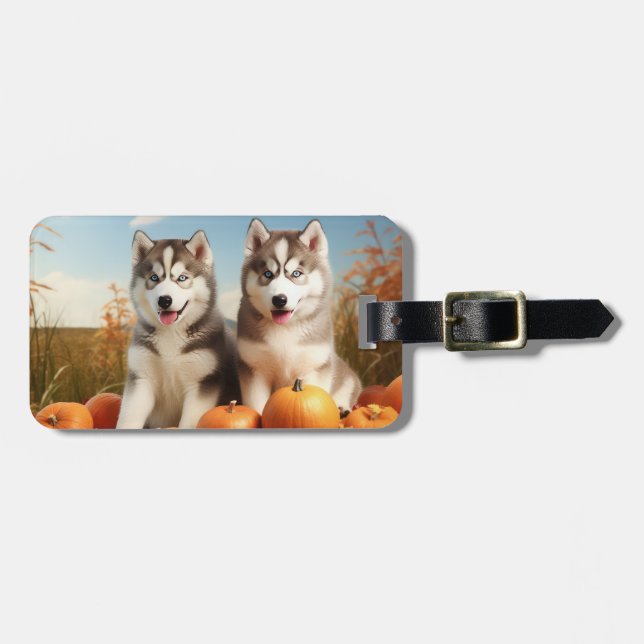 Alaskan Malamute Puppy Autumn Delight Pumpkin Luggage Tag (Front Horizontal)