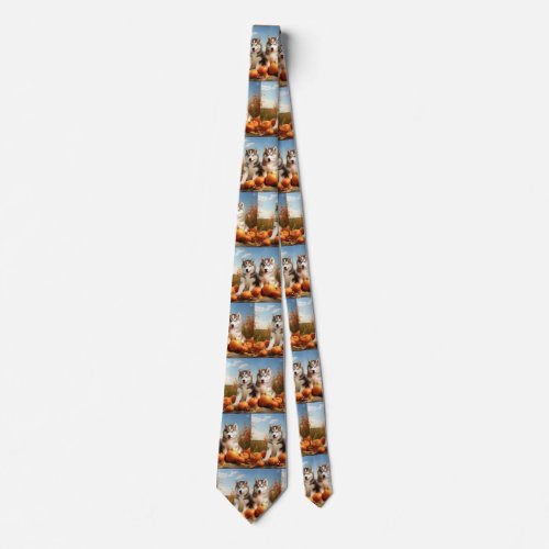 Alaskan Malamute Puppy Autumn Delight Pumpkin Neck Tie