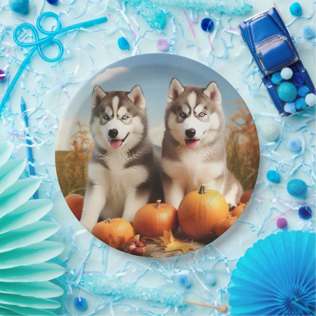 Alaskan Malamute Puppy Autumn Delight Pumpkin Paper Plates (Party)
