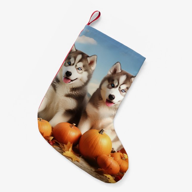 Alaskan Malamute Puppy Autumn Delight Pumpkin Small Christmas Stocking (Front (Hanging))