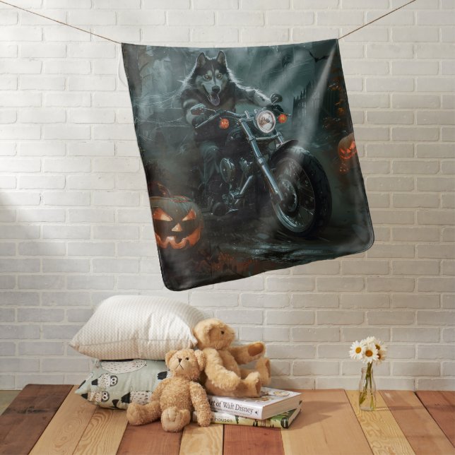Alaskan Malamute Riding Motorcycle Halloween Scary Baby Blanket (In Situ)
