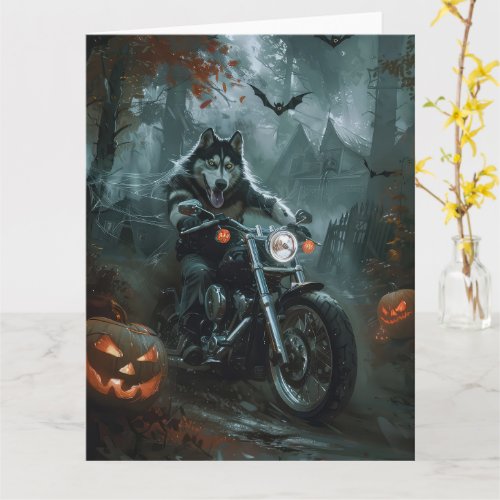 Alaskan Malamute Riding Motorcycle Halloween Scary Card