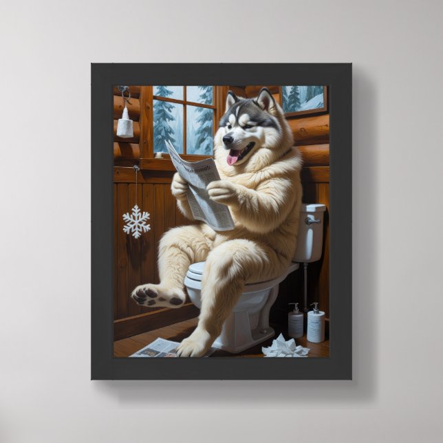 Alaskan Malamute Sitting On Toilet Funny  Framed Art (Framed Front)