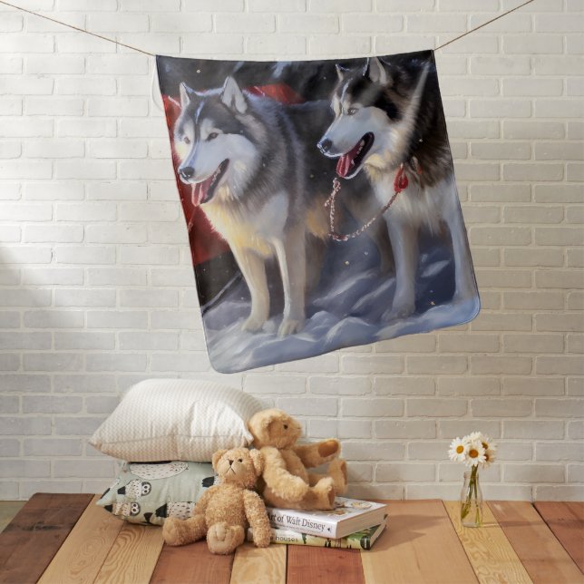 Alaskan Malamute Snowy Sleigh Ride Christmas  Baby Blanket (In Situ)