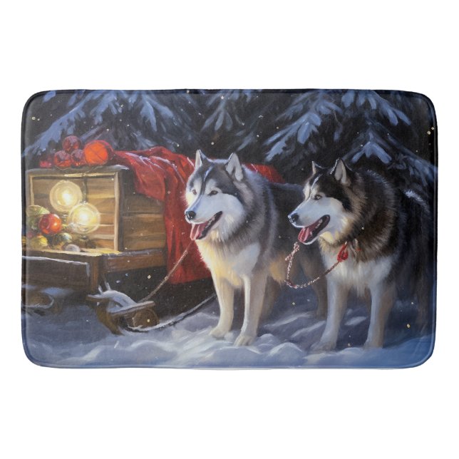 Alaskan Malamute Snowy Sleigh Ride Christmas  Bath Mat (Front)
