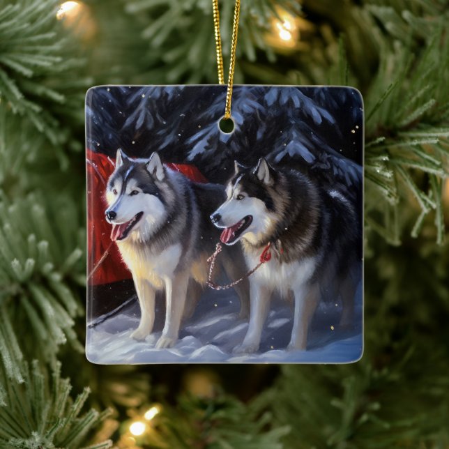 Alaskan Malamute Snowy Sleigh Ride Christmas  Ceramic Ornament (Tree)