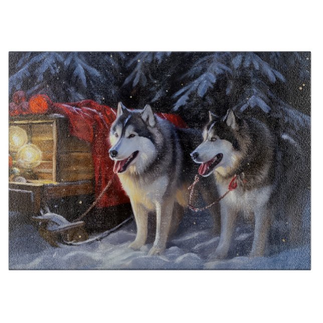 Alaskan Malamute Snowy Sleigh Ride Christmas  Cutting Board (Front)