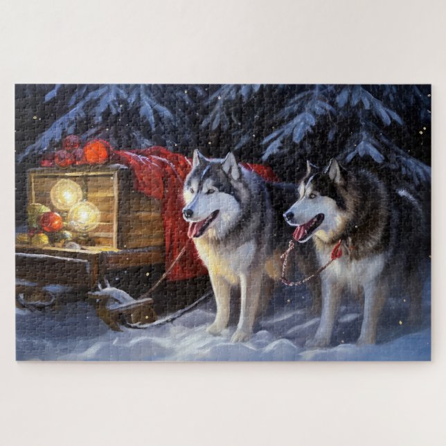 Alaskan Malamute Snowy Sleigh Ride Christmas  Jigsaw Puzzle (Horizontal)
