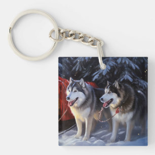 Alaskan Malamute Snowy Sleigh Ride Christmas Keychain
