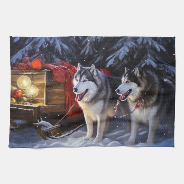 Alaskan Malamute Snowy Sleigh Ride Christmas  Kitchen Towel (Horizontal)