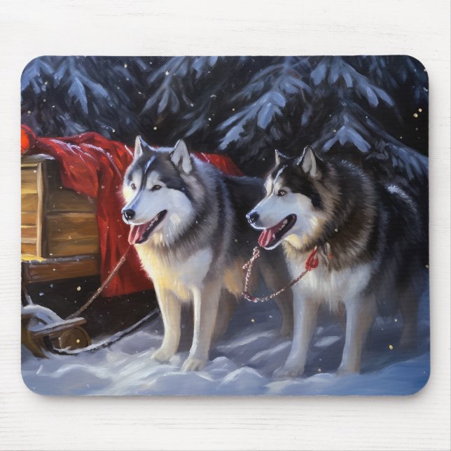 Alaskan Malamute Snowy Sleigh Ride Christmas  Mouse Pad (Front)