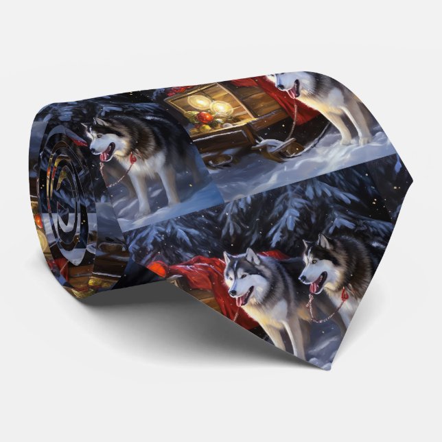 Alaskan Malamute Snowy Sleigh Ride Christmas  Neck Tie (Rolled)