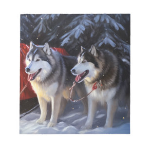 Alaskan Malamute Snowy Sleigh Ride Christmas Notepad