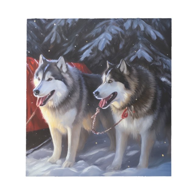 Alaskan Malamute Snowy Sleigh Ride Christmas  Notepad (Front)