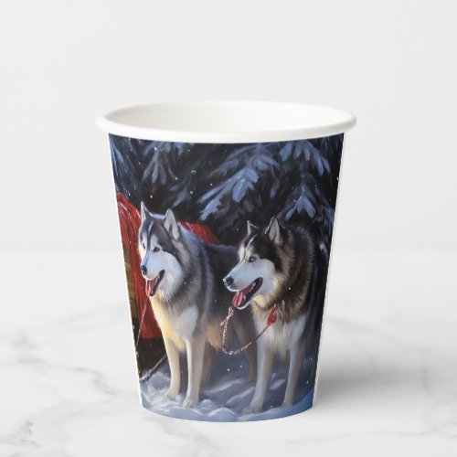 Alaskan Malamute Snowy Sleigh Ride Christmas  Paper Cups