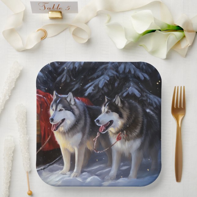 Alaskan Malamute Snowy Sleigh Ride Christmas  Paper Plates (Wedding)