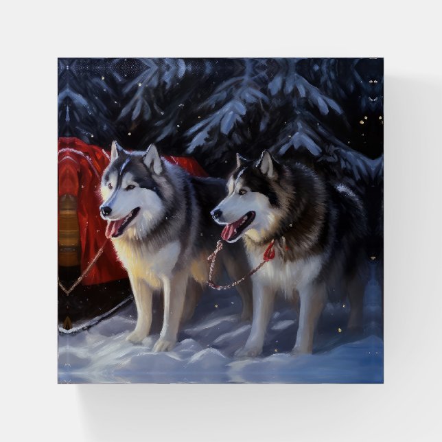 Alaskan Malamute Snowy Sleigh Ride Christmas  Paperweight (Front)