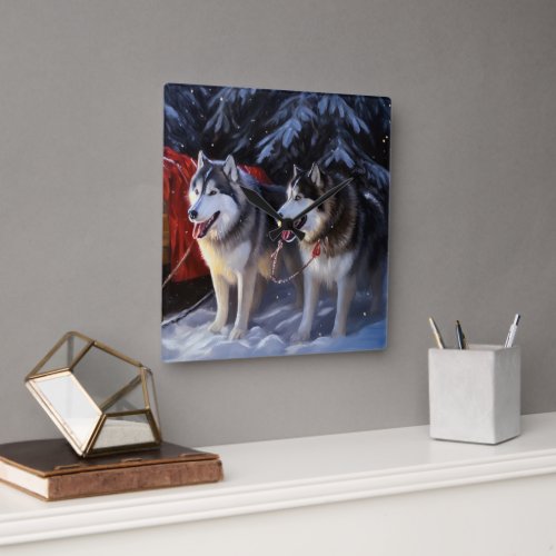 Alaskan Malamute Snowy Sleigh Ride Christmas  Square Wall Clock