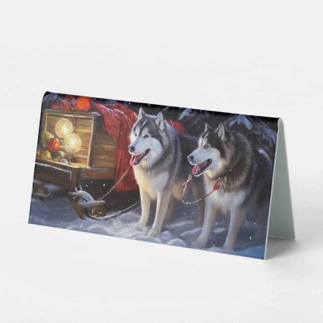 Alaskan Malamute Snowy Sleigh Ride Christmas  Table Tent (Front)