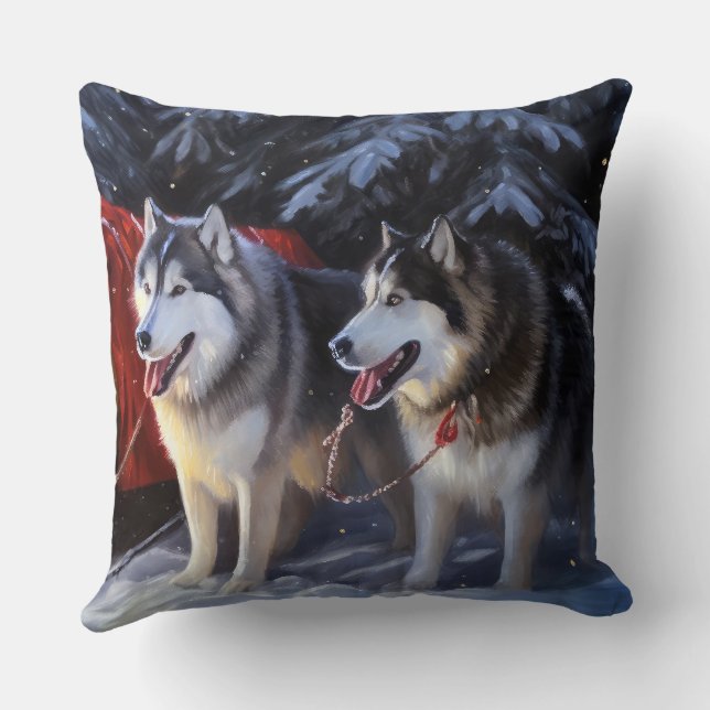 Alaskan Malamute Snowy Sleigh Ride Christmas  Throw Pillow (Back)