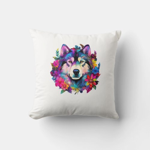 Alaskan Malamute Surrounded by Flowers  Throw Pillow