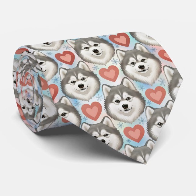 Alaskan Malamute Valentine Hearts Pattern Dog Love Neck Tie (Rolled)