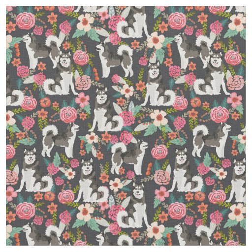 Alaskan Malamute vintage florals black Fabric