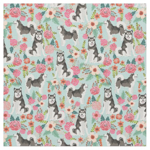 Alaskan Malamute vintage florals light blue Fabric