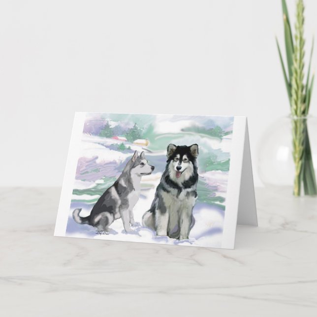 Alaskan Malamute Winter Scene Holiday Card (Front)