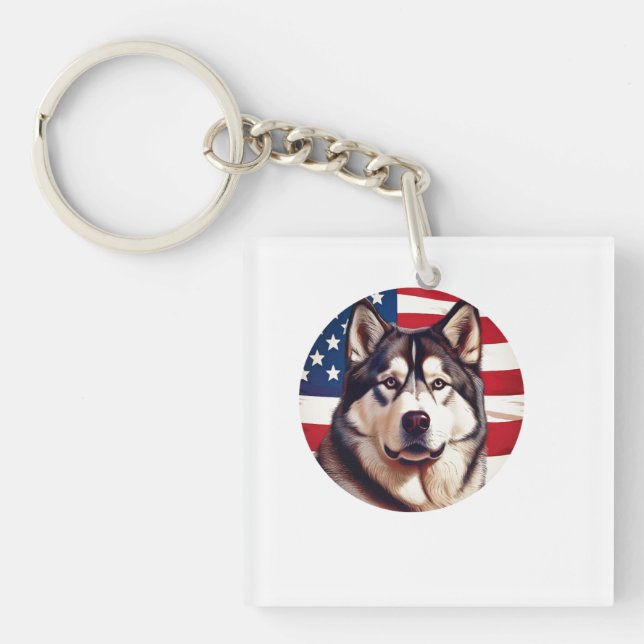 Alaskan Malamute With American Flag Background Keychain (Front)