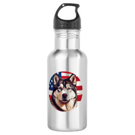 Alaskan Malamute With American Flag Background Stainless Steel Water Bottle
