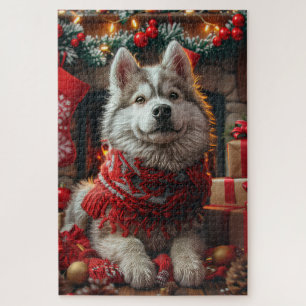 Alaskan Malamute With Christmas Gifts Fireplace Jigsaw Puzzle