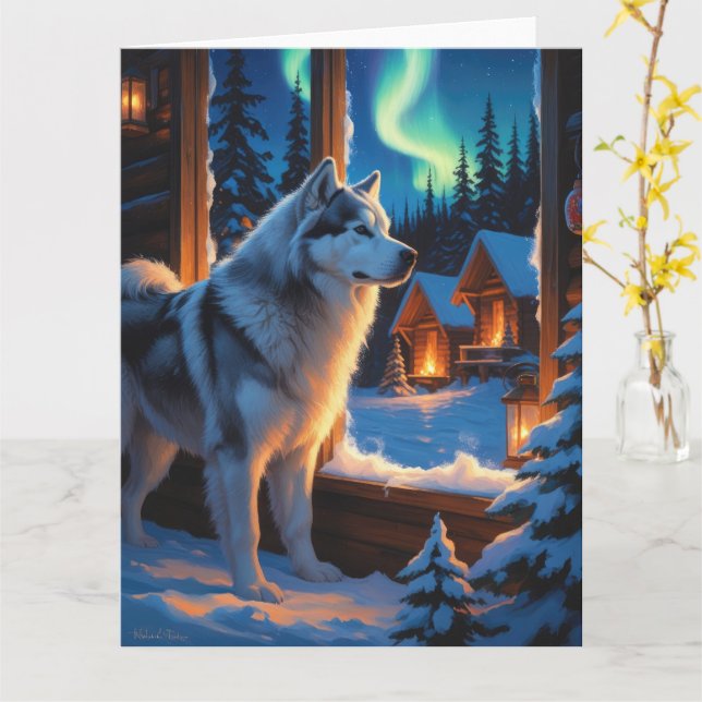 Alaskan Malamute With Christmas Lights Holiday  Card (Yellow Flower)