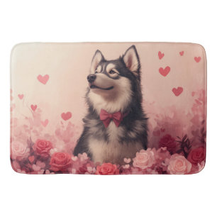 Alaskan Malamute with Roses - Valentine's Day  Bath Mat