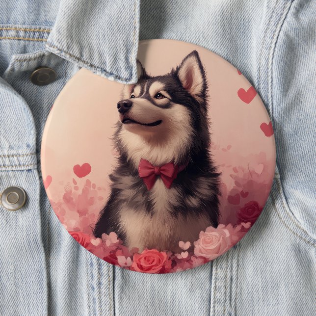 Alaskan Malamute with Roses - Valentine's Day  Button (In Situ)
