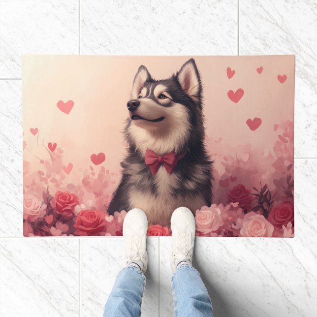 Alaskan Malamute with Roses - Valentine's Day  Doormat (Indoor)